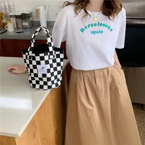Sac seau en toile à carreaux noir et blanc pour femmes, sac à bandoulière décontracté et simple.
