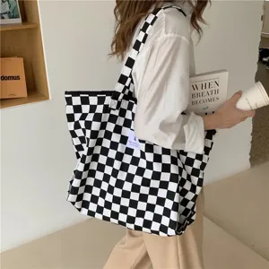 Sac Cabas en Toile Damier Femmes Grande Capacité Sac à Bandoulière Style Coréen Décontracté Sac de Shopping
