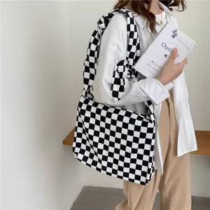 Sac en toile à carreaux noir et blanc, grand sac cabas bandoulière décontracté pour femme.