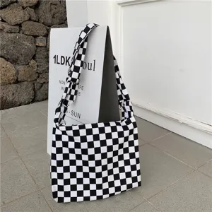 Sac à bandoulière en toile à carreaux noirs et blancs, grand sac cabas décontracté.