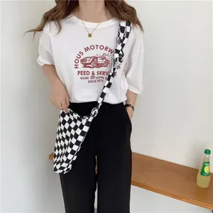 Sac bandoulière en toile à carreaux noirs et blancs pour femme, grand et simple.