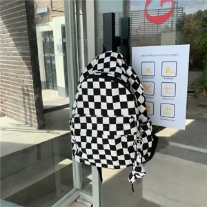 Sac à dos en toile à carreaux noir et blanc femme grande capacité sac d'école