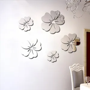 Acrylic mirror flower wall sticker details showing 3D floral decor for living room.