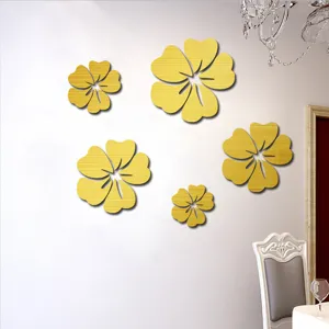 Acrylic mirror flower wall stickers 5pcs set golden self adhesive home decor for living room
