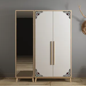 Modern wooden wardrobe with decorative corner decals and mirror cabinet set for bedroom use