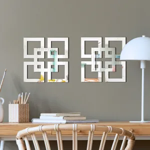 Detail view of square geometric hollow mirror wall sticker, modern home decor acrylic mirror.