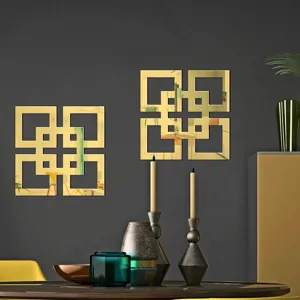 Gold square mirror wall sticker, self-adhesive hollow lattice decorative mirror for home.