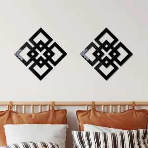 Black geometric mirror wall stickers Chinese style hollow square wall decor for bedroom