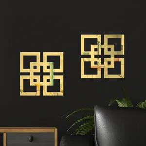 Gold square mirror wall sticker showing geometric hollow five-grid design details.