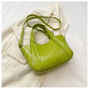 Green PU leather shoulder handbag with litchi pattern, stylish casual top handle crossbody bag.
