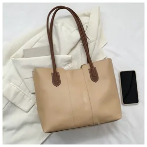 Minimalist beige tote bag with brown handles, casual PU leather shoulder bag for daily use.