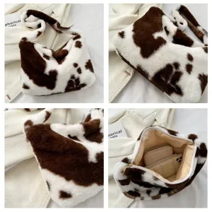 Women brown and white cow print plush shoulder bag cute fuzzy underarm crossbody handbag.