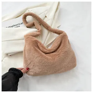 Fluffy plush shoulder bag for women, soft cozy crossbody underarm handbag, stylish fuzzy purse.