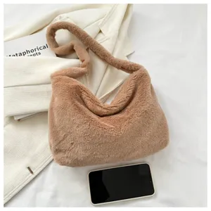 Brown plush shoulder bag detail showing soft furry texture and stylish underarm design.