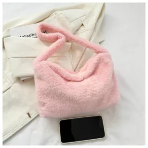 Pink plush shoulder bag for women, cute fluffy fluffy underarm bag, soft winter crossbody bag.