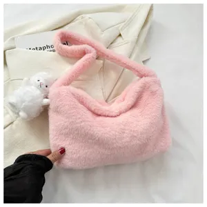 Pink fluffy shoulder bag plush hobo handbag cute soft underarm bag for women casual style