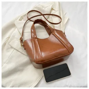 Brown PU leather handbag stylish tote shoulder bag casual soft crossbody bag for women