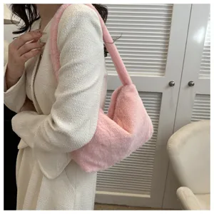 Plush shoulder bag for women, cute fluffy underarm bag in pink, soft winter handbag stylish.