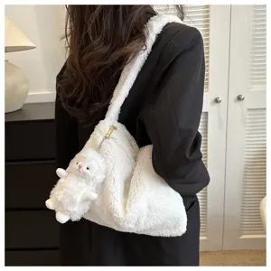 White plush shoulder bag for women, cute fluffy underarm handbag with cute lamb pendant.