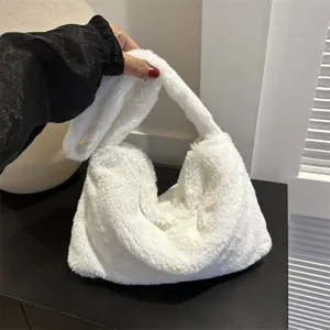 White plush shoulder bag fluffy crossbody hobo bag casual underarm bag for women main view display