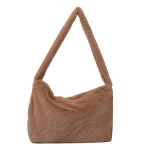 Stylish fuzzy shoulder bag for women, soft plush underarm hobo bag, cute autumn winter purse.
