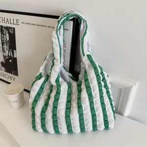 Green and white striped pleated shoulder bag, casual stylish commuter underarm tote bag for women.