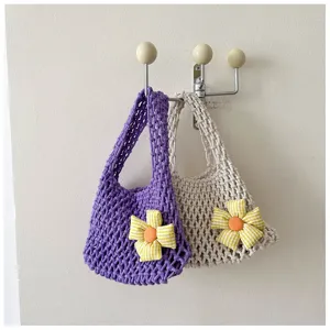 Korean style casual woven mesh handbag with cute flower decoration, daily tote bag for women.