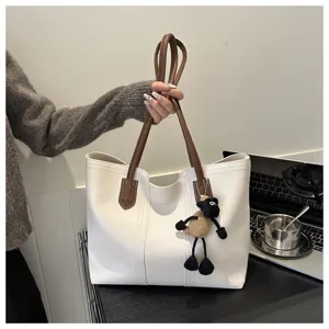 Korean style large white tote bag for women, PU leather shoulder bag with cute sheep charm.