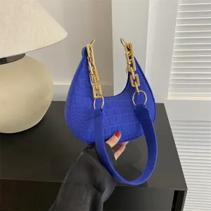 Blaue Kroko-Muster Unterarmtasche mit goldener Kette, stilvolle Schultertasche für Damen.