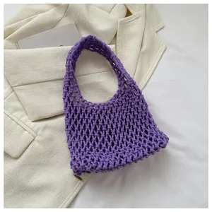 Korean style casual purple crochet mesh shoulder handbag, fashion knit tote bag for women.