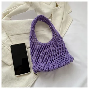 Purple knitted net handbag detail, hollow crochet tote bag, Korean casual style daily chic.