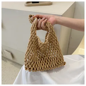 Korean style mesh handbag, beige woven straw tote bag, casual daily shoulder bag for women.