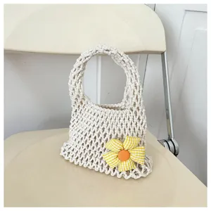 Korean style lazy woven net handbag with cute yellow plaid fabric flower, casual mesh tote.