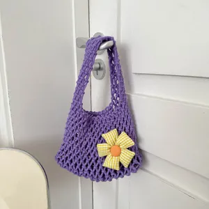Korean style purple crochet net tote bag with cute yellow plaid flower, casual summer bag.