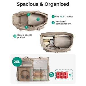 Spaziosa borsa tote da donna con capacità 26L, scomparto termico e tasca per laptop 15.6".