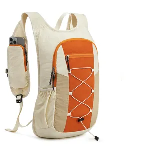 Outdoor cycling backpack detail, color-blocking design with front bungee cord and phone pocket.