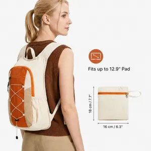 Packable lightweight backpack with orange and beige color block design for outdoor travel.