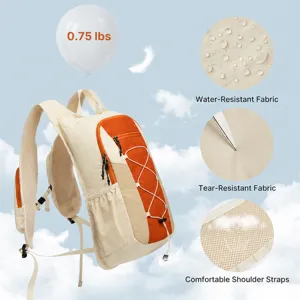 Detail view of lightweight outdoor travel backpack, contrast color waterproof and tear resistant design.