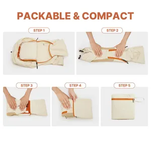 Foldable packable travel backpack detail showing compact folding steps for outdoor hiking trips.