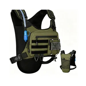 Tactical chest bag detail showing breathable mesh back, molle webbing, and hydration tube.