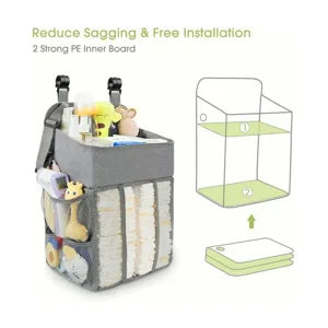 Hanging diaper organizer detail showing durable PE inner boards and multi-pocket mesh design.