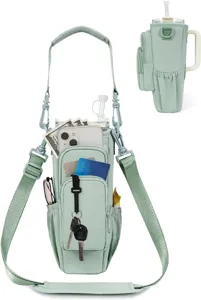 Water bottle pouch with strap for tumbler, multi-pocket adjustable crossbody bag holder.
