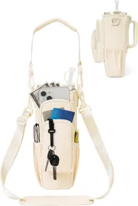 Adjustable beige tumbler pouch bag with multi-functional pockets for outdoor travel and sports.