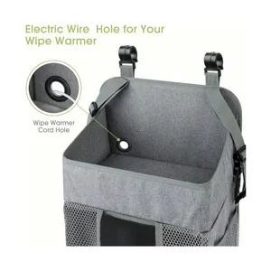 Hanging baby diaper organizer bedside storage caddy with wipe warmer cord hole gray mesh.