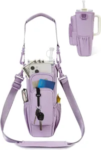 Purple water bottle bag with adjustable strap, tumbler pouch and multi pockets for outdoor.