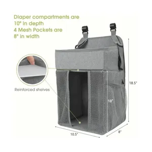 Hanging diaper organizer detail showing reinforced shelves, mesh pockets and dimensions.