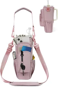 Pink water bottle pouch bag with strap tumbler carrier holder pocket for outdoor travel sports