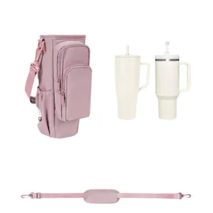 Pink water bottle pouch bag with two tumblers and strap set for outdoor travel sports use