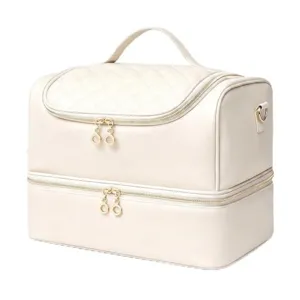 Detail van witte gewatteerde dubbellaagse cosmetische tas, elegante gouden ritsen.