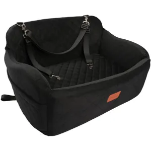 Black quilted pet car seat detail showing secure buckle straps and soft comfortable interior.